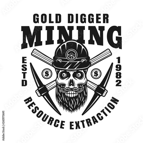 Gold digger bearded skull, pickaxes vector emblem