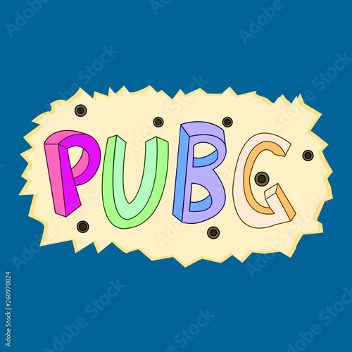 Vector illustration of a pubg text on a blue background in a bullet-shot plate.