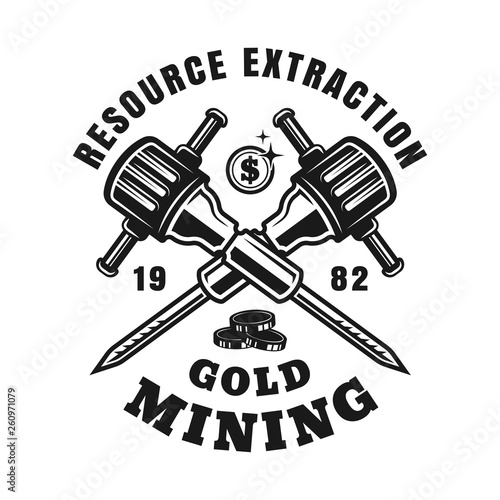 Gold mining vector emblem with crossed jackhammers