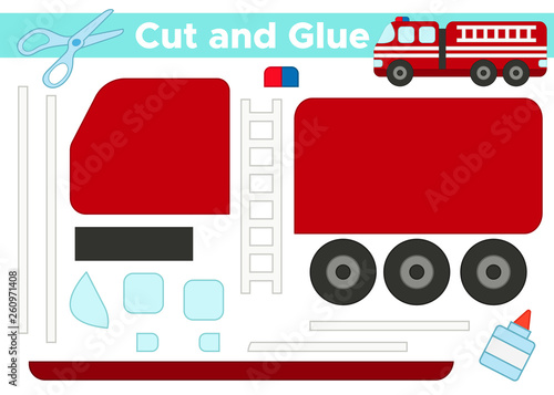 Cut and glue, educational paper game for preschool kids. Cartoon fire engine truck.