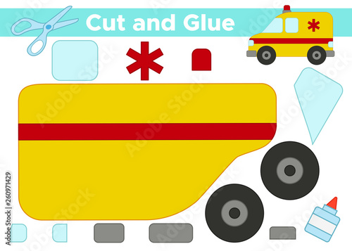 Educational paper game for kids. Cut and glue cartoon ambulance car.