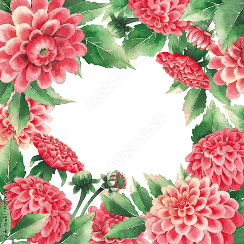 Fényképezés Watercolor design of dahlias flowers and leaves
