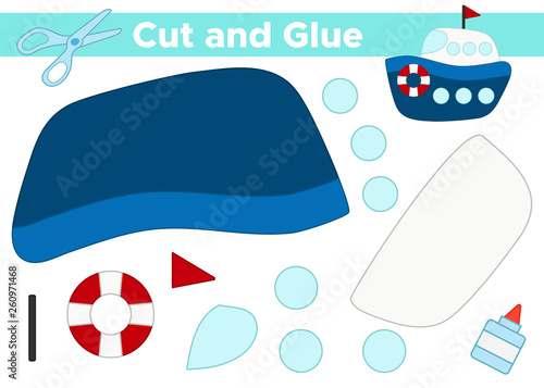 Cut and glue cartoon ship. Educational paper game for preschool children.