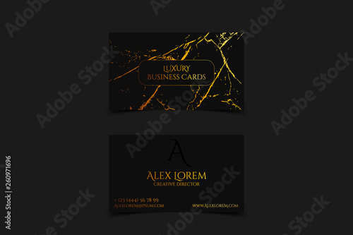 Luxury business card with marble texture and gold detail vector template, banner or invitation with golden foil on black background. Branding and identity graphic design.