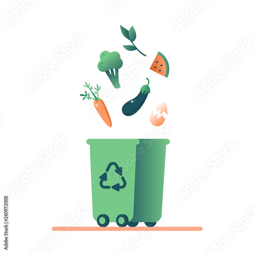 Green Bin with organic food Scraps and Grass cuttings for recycling. Vector concept of composting and remove organic waste. 