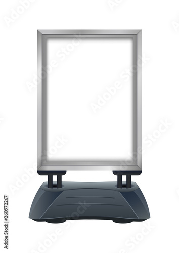 Vector illustration of empty blank pavement sign frame stand. Advertising board sign with water base or sand base isolated on a white background. Template or mock up for your poster and design.