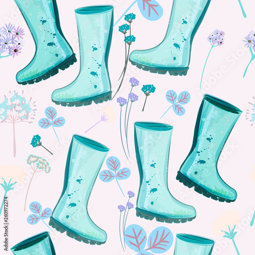 Cute spring pattern with blue rubber boots and flowers for design
