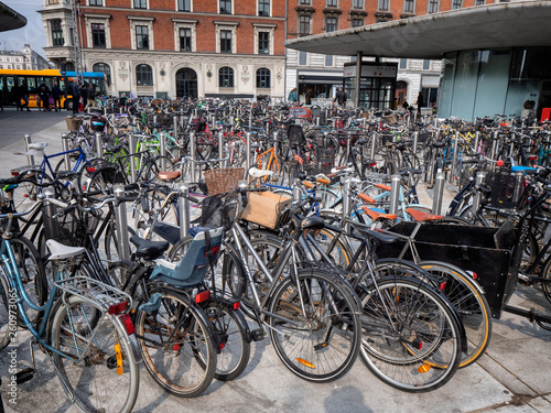 Bicycles parked in central Copenhagen, Denmark