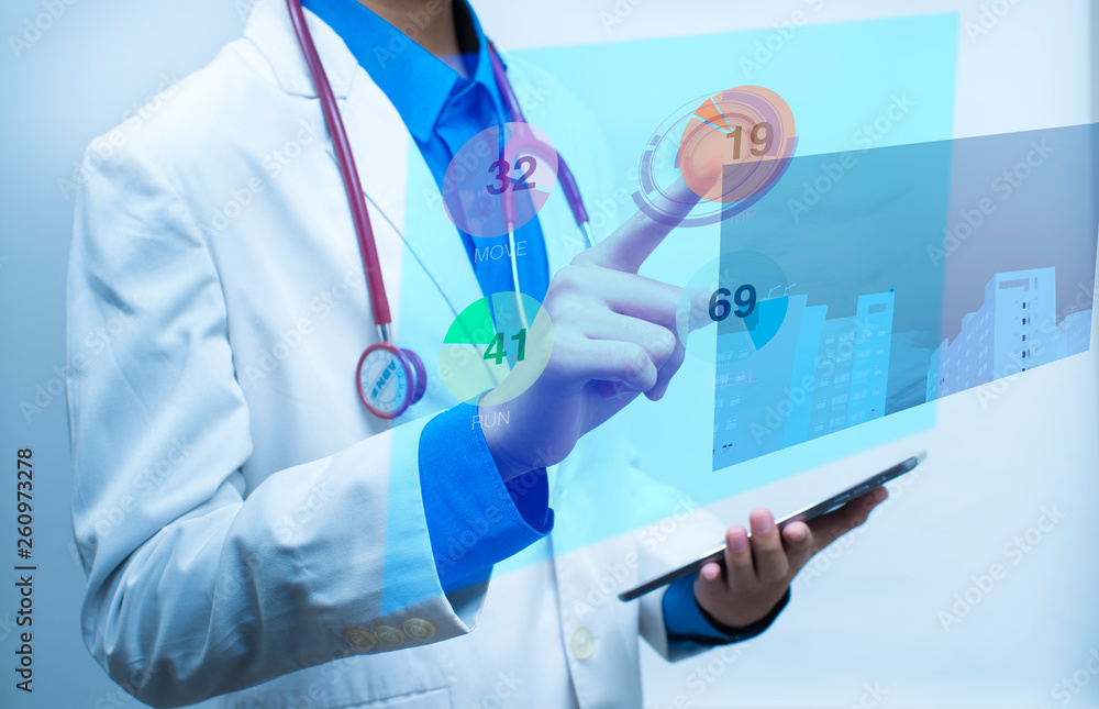 Doctors with stethoscopes, use digital tablets by touching the virtual screen, with health technology and digital disease detection. Doctors with stethoscopes, use digital tablets by touching the virtual screen, with health technology and digital disease detection.