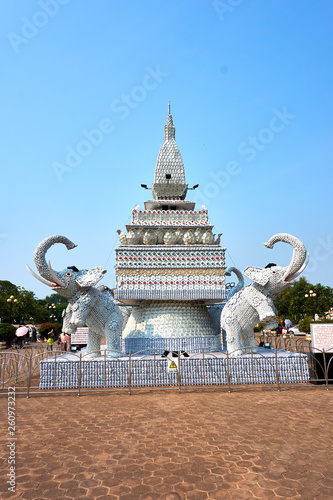 Elephant statue out of cups and plates next to Patuxai Victory Monument The One Attractive Landmark of Vientiane City of Laos.