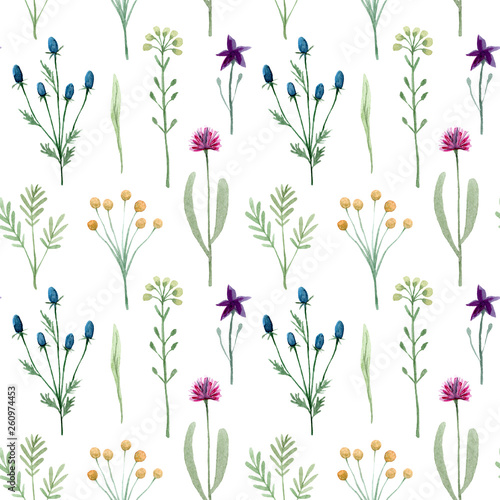 Seamless pattern watercolor wildflowers isolated on white background. Hand drawn painted flowers illustration. Summer disign