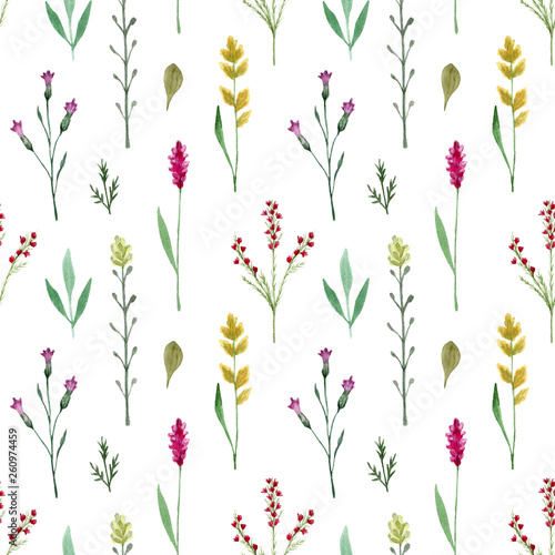 Seamless pattern watercolor wildflowers isolated on white background. Hand drawn painted flowers illustration. Summer disign © Anastasia