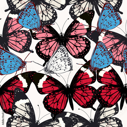 Fashion illustration with pink and blue tropical butterflies for design