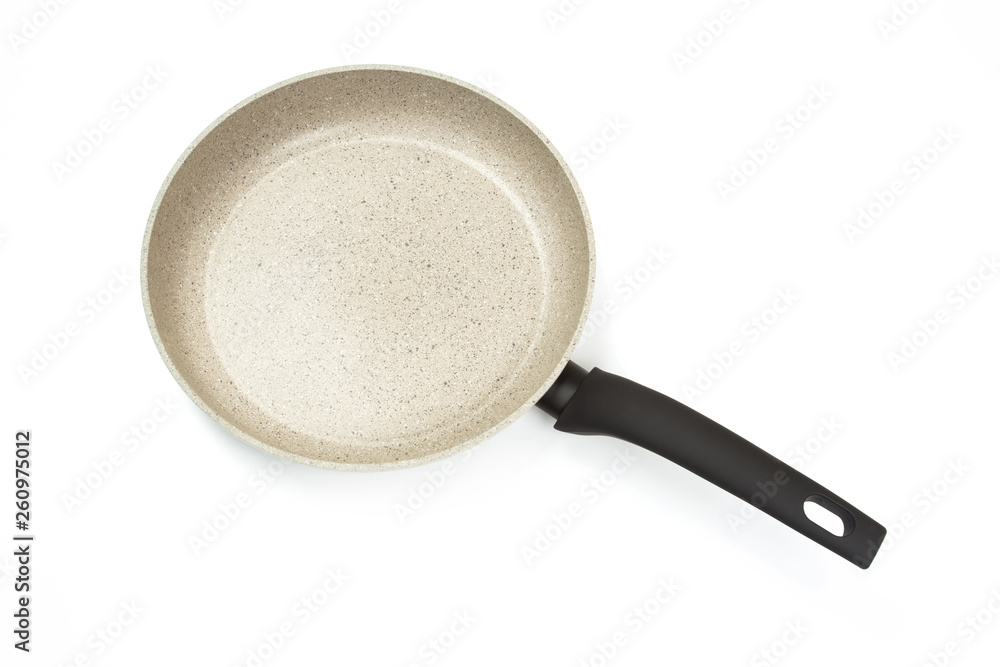 Photo of a bright ceramic pan with a black handle, isolated on a white background. Photo of a bright ceramic pan with a black handle, isolated on a white background.