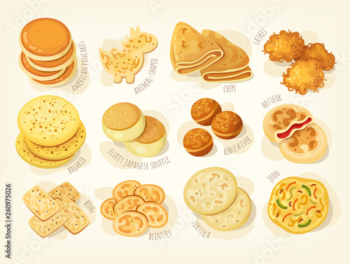 Various kinds and shapes of pancakes from different countries of the world. Isolated vector images