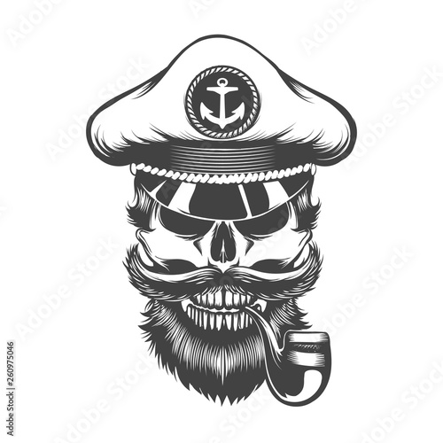 Skull in Captain Hat with Smoking Pipe