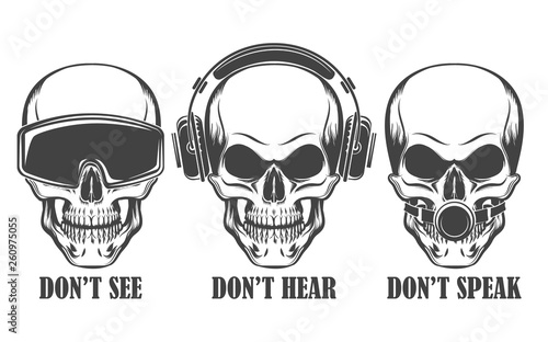 Three human skulls in headphones, virtual reality headset and ball gag