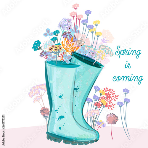 Fashion spring illustration with green rubber boots and flowers for design