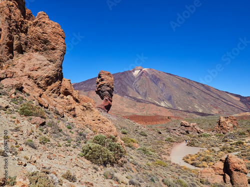 Mount Teide on Tenerife. Beautiful landscape in the national park on Tenerife with the famous rock, Cinchado, Los Roques de Garcia in the scene