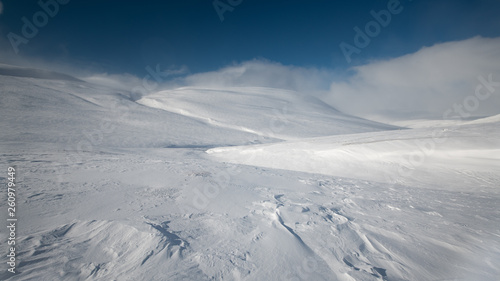 Sunny winter snowfields and rolling hills in Stora Sjöfallets Nationalpark Lapland Sweden along Kungsleden with deep blue sky and clouds