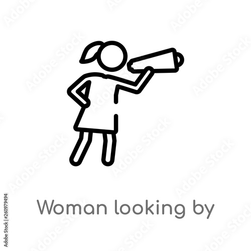 outline woman looking by a spyglass vector icon. isolated black simple line element illustration from people concept. editable vector stroke woman looking by a spyglass icon on white background