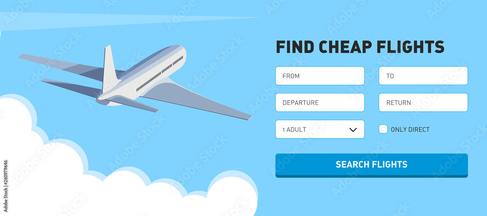 Naklejka premium Flat Design Banner Concept for online travel store, online ticket booking. Airplane, holiday.