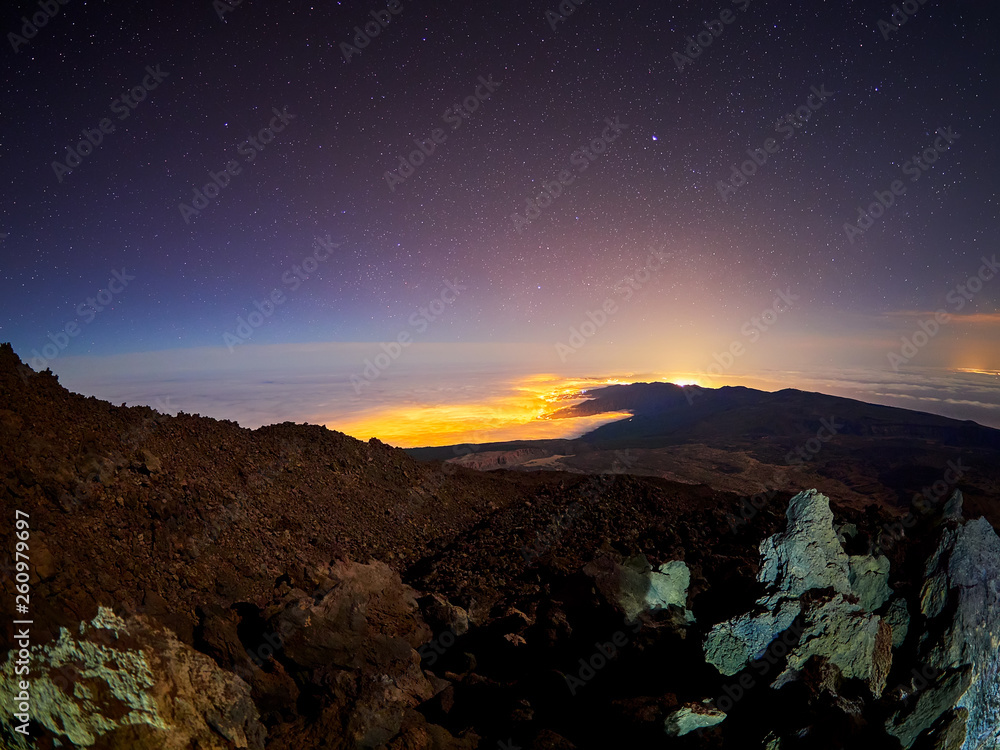 Beautiful night view with stars from the Altavista Refuge, Teide Volcano, Tenerife, Spain 
