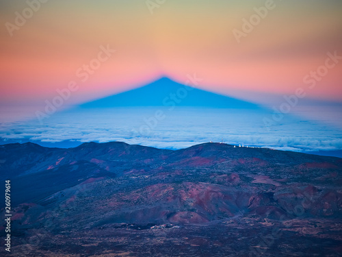 Pyramid shape shaddow of the Teide peak at sunset, view from the Altavista refuge in Tenerife, Spain