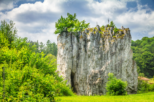 Rock formation Hrebenac near Sloupsko-sosuvska cave in the Moravian Karst cave system, Czech Republic, Europe. photo