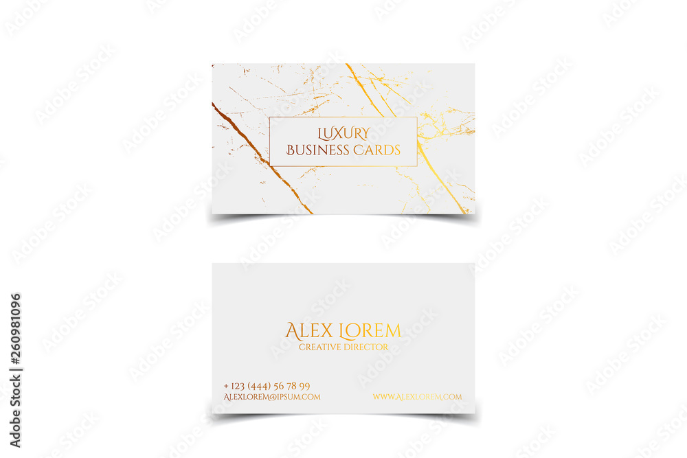 Luxury white business card with marble texture and gold detail vector template, banner or invitation with golden foil on white background. Branding and identity graphic design.
