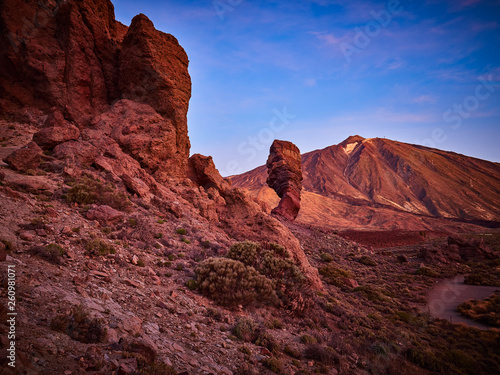 Mount Teide on Tenerife. Beautiful landscape in the national park on Tenerife with the famous rock  Cinchado  Los Roques de Garcia in the scene