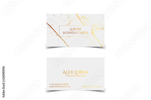 Luxury white business card with marble texture and gold detail vector template, banner or invitation with golden foil on white background. Branding and identity graphic design.