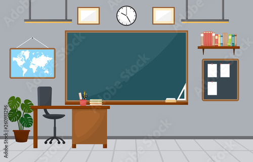 School Classroom Interior Room Blackboard Furniture Flat Design Vector