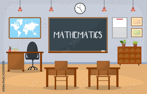 School Classroom Interior Room Blackboard Furniture Flat Design Vector