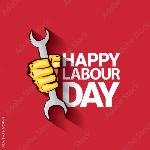 Happy labour day vector label with strong orange fist on red background. labor day background or banner with man hand. may day poster