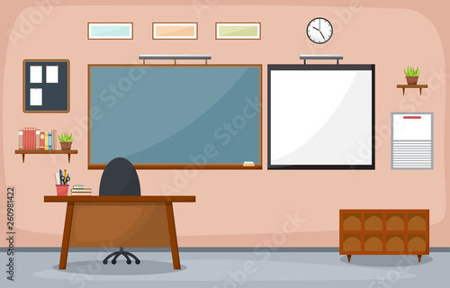 School Classroom Interior Room Blackboard Furniture Flat Design Vector