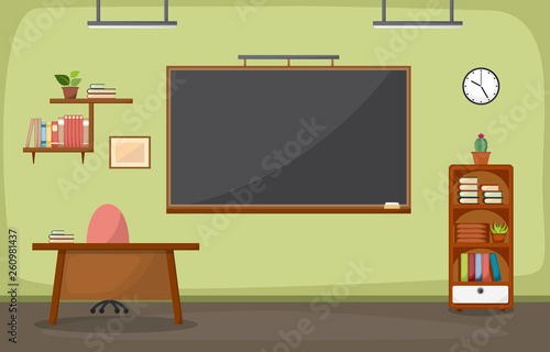 School Classroom Interior Room Blackboard Furniture Flat Design Vector