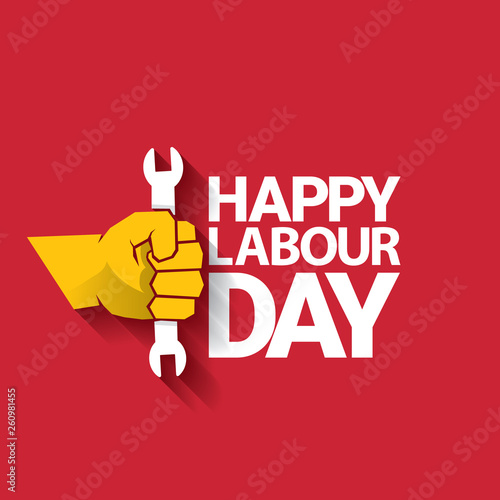 Happy labour day vector label with strong orange fist on red background. labor day background or banner with man hand. may day poster