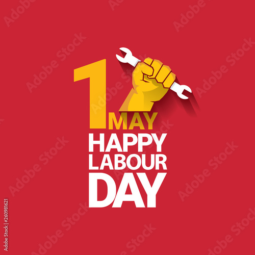 Happy labour day vector label with strong orange fist on red background. labor day background or banner with man hand. may day poster