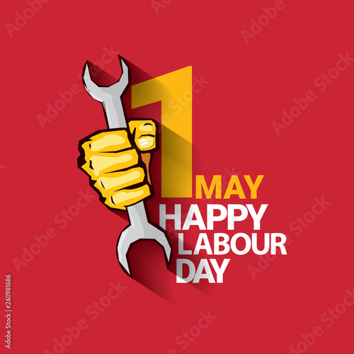 Happy labour day vector label with strong orange fist on red background. labor day background or banner with man hand. may day poster