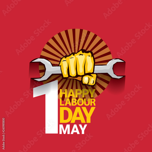 Happy labour day vector label with strong orange fist on red background. labor day background or banner with man hand. may day poster