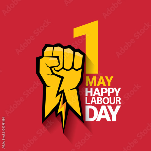 Happy labour day vector label with strong orange fist on red background. labor day background or banner with man hand. may day poster