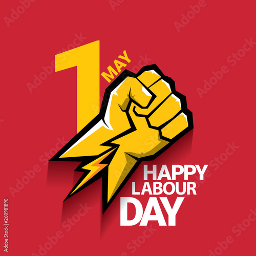 Happy labour day vector label with strong orange fist on red background. labor day background or banner with man hand. may day poster
