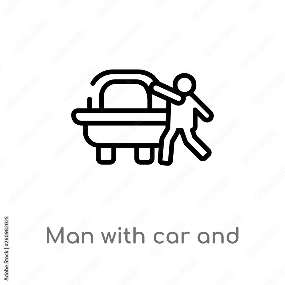 outline man with car and suitcase vector icon. isolated black simple line element illustration from people concept. editable vector stroke man with car and suitcase icon on white background outline man with car and suitcase vector icon. isolated black simple line element illustration from people concept. editable vector stroke man with car and suitcase icon on white background