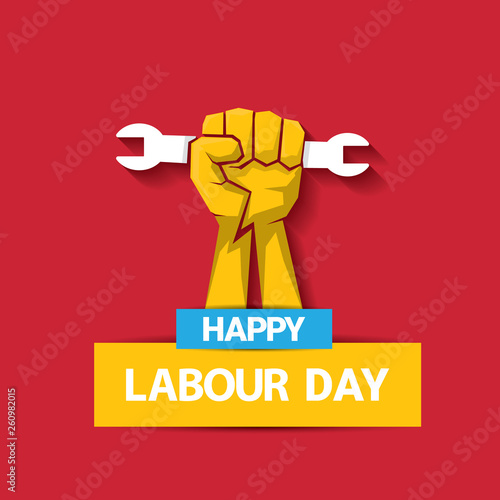 Happy labour day vector label with strong orange fist on red background. labor day background or banner with man hand. may day poster