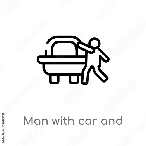 outline man with car and suitcase vector icon. isolated black simple line element illustration from people concept. editable vector stroke man with car and suitcase icon on white background