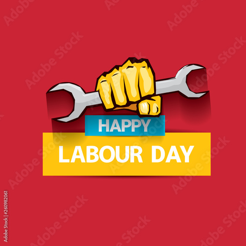 Happy labour day vector label with strong orange fist on red background. labor day background or banner with man hand. may day poster