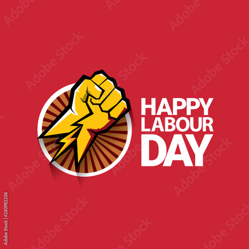 Happy labour day vector label with strong orange fist on red background. labor day background or banner with man hand. may day poster