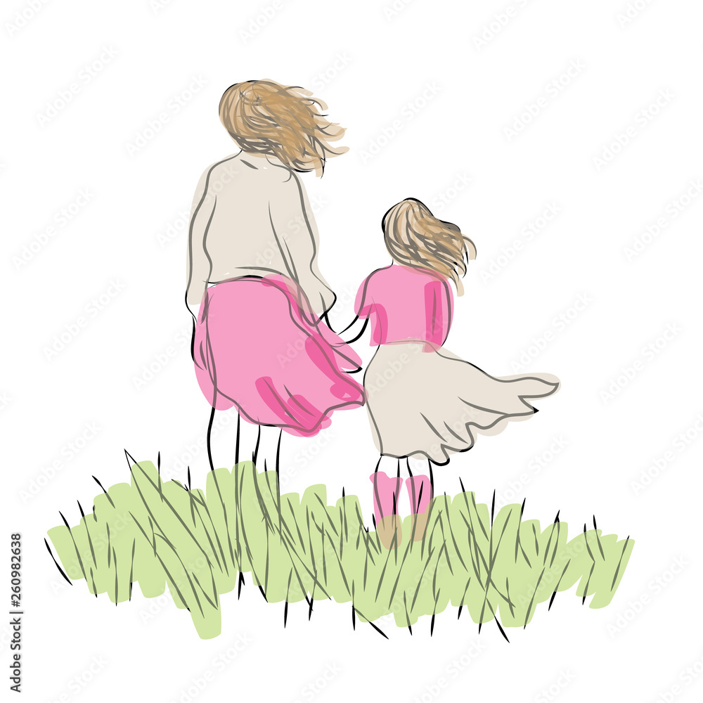 Mother and daughter standing holding hands. Vector illustration of ...