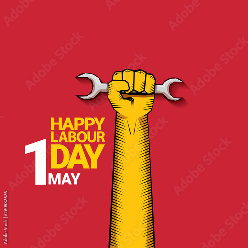 Happy labour day vector label with strong orange fist on red background. labor day background or banner with man hand. may day poster